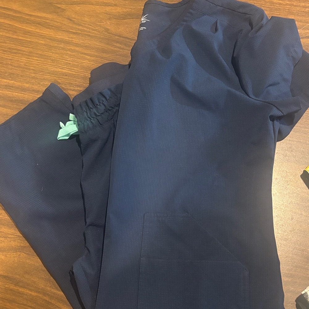 Koi Dark Blue Scrub Set with Teal Accents